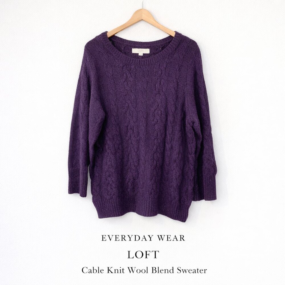 LOFT Purple Cable Knit Sweater XL Wool Blend Cozy Textured Pullover - Picture 1 of 9